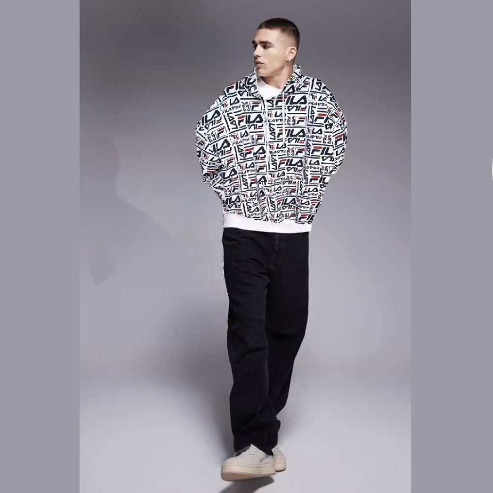 FILA Vintage All-over Logo Print Hoodie White 6XL